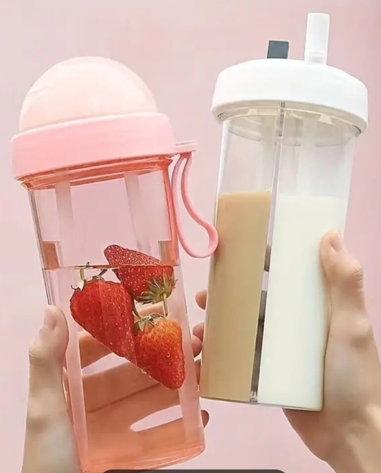 DKP Double-Drinking Water Bottle - 14.8oz. Creative Cup With Straws For...