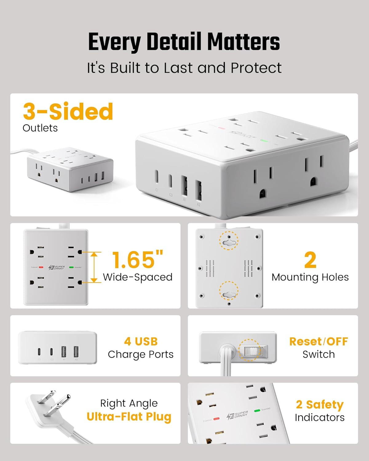 10Ft Extension Cord with Multiple Outlets, Flat Plug Surge Protector Power Strip