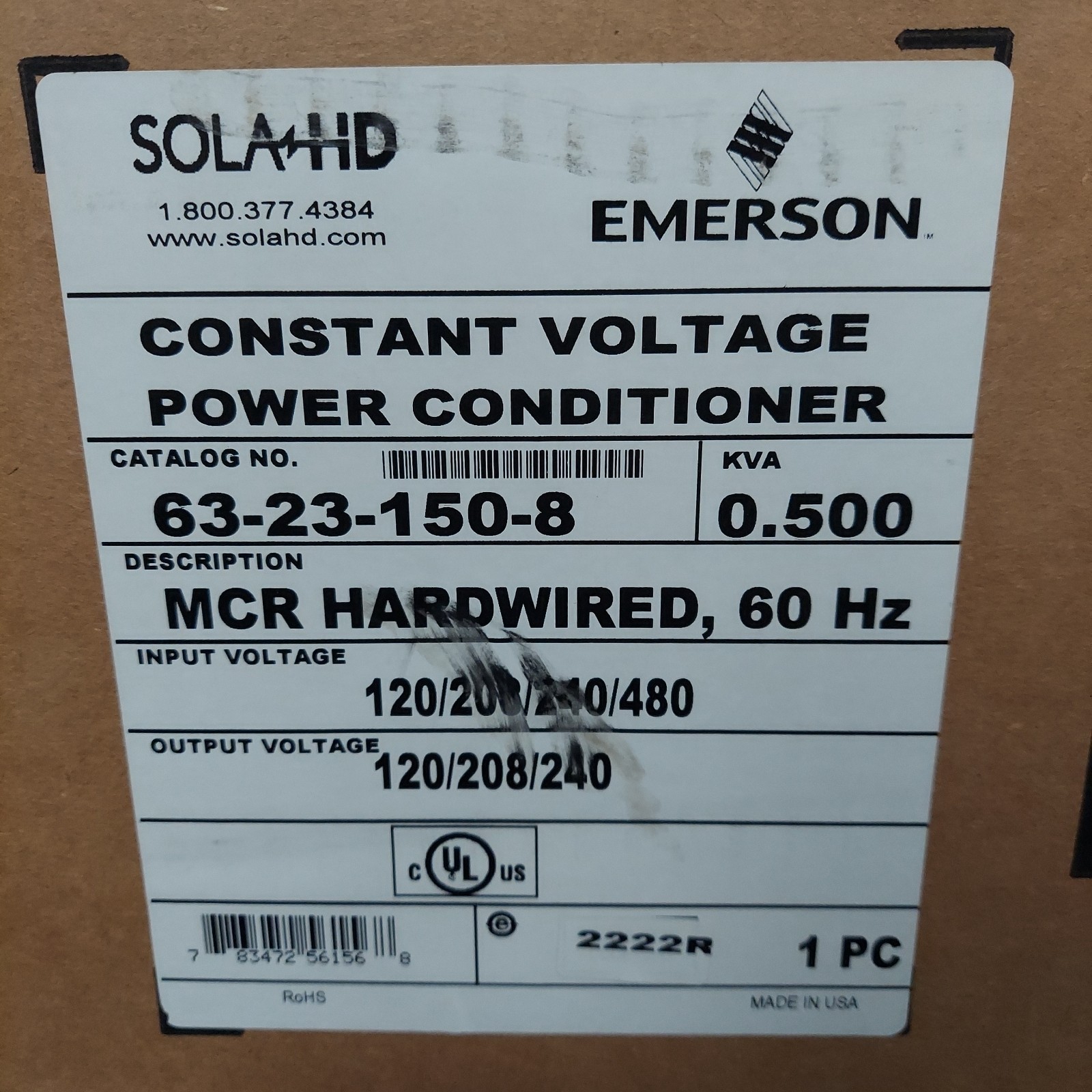 SolaHD 63-23-150-8 Transformer 500VA Hardwired 120/208/240 VAC Voltage Regulator