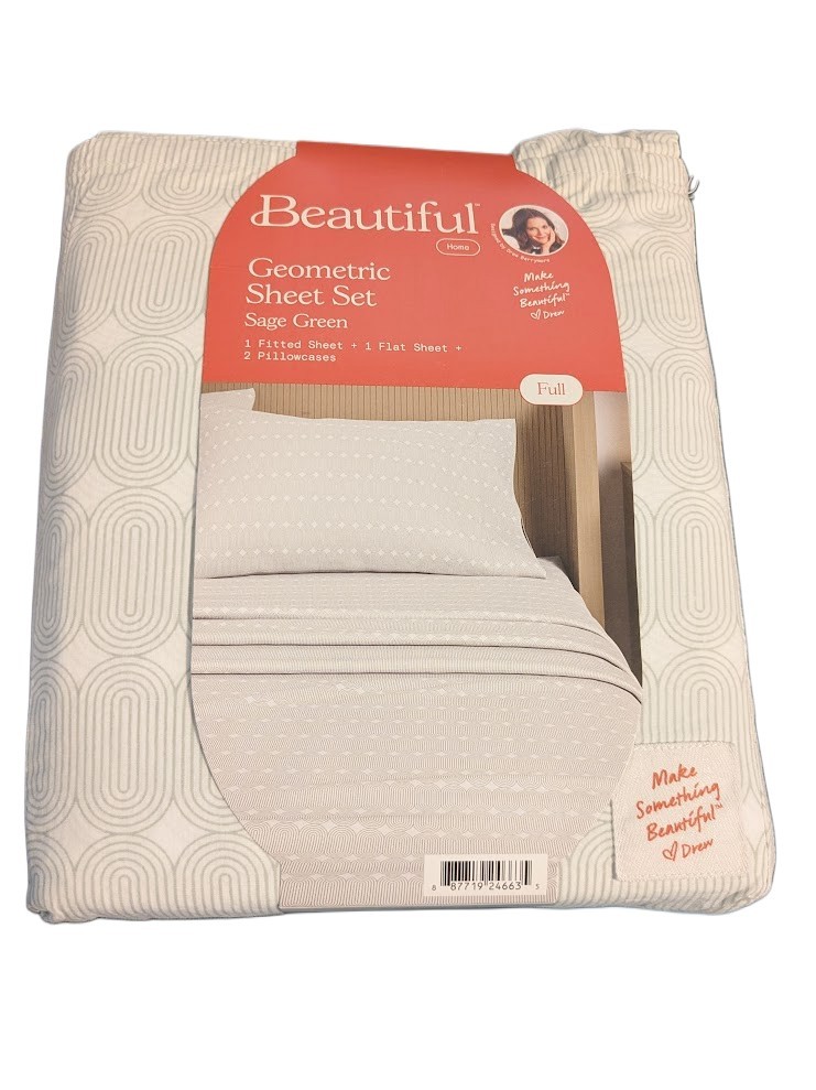 Beautiful by Drew Barrymore Sage Green Geo Full Sheet Set 100% Cotton 4pc