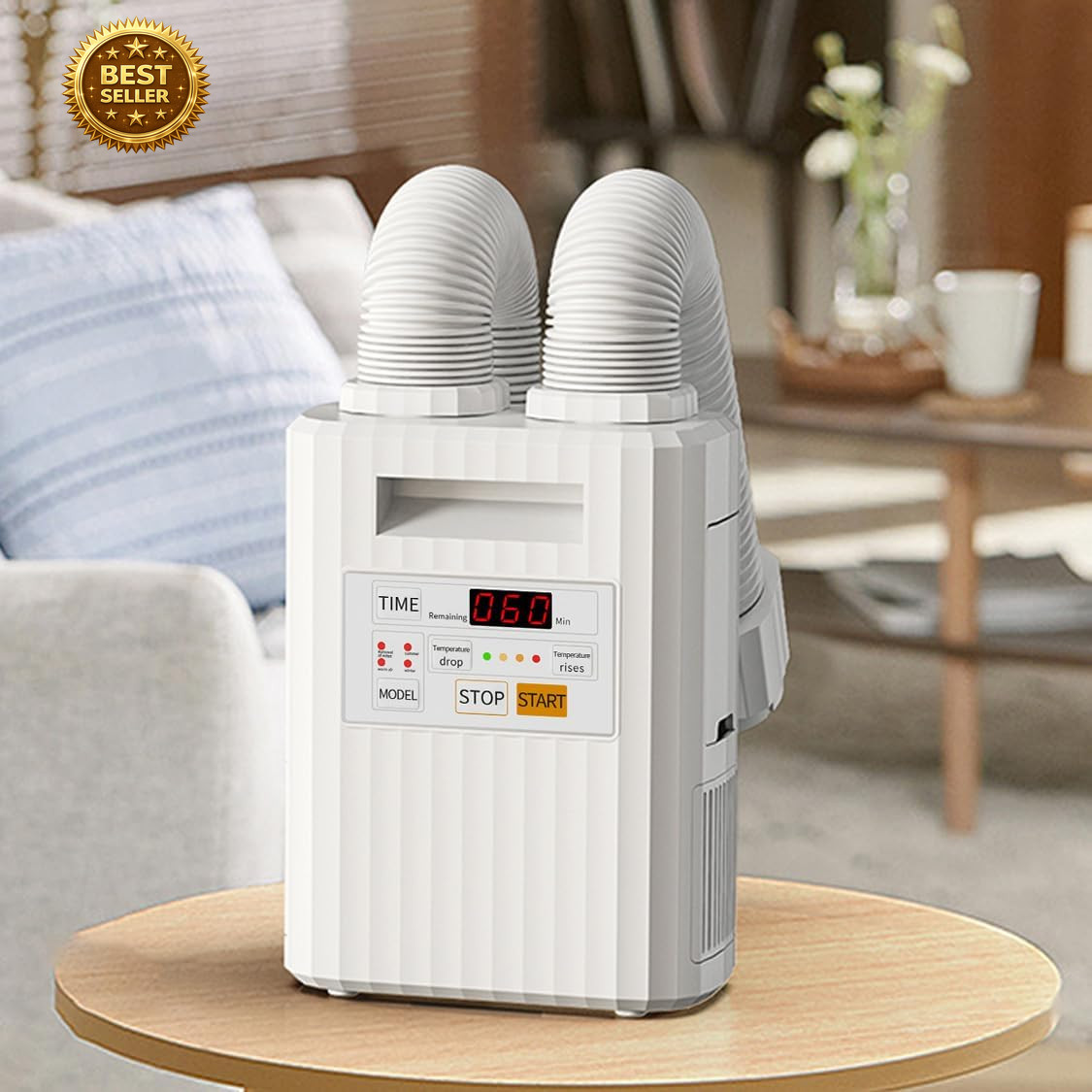 Portable blanket warmer designed to circulate warm air for bedding comfort, fabr