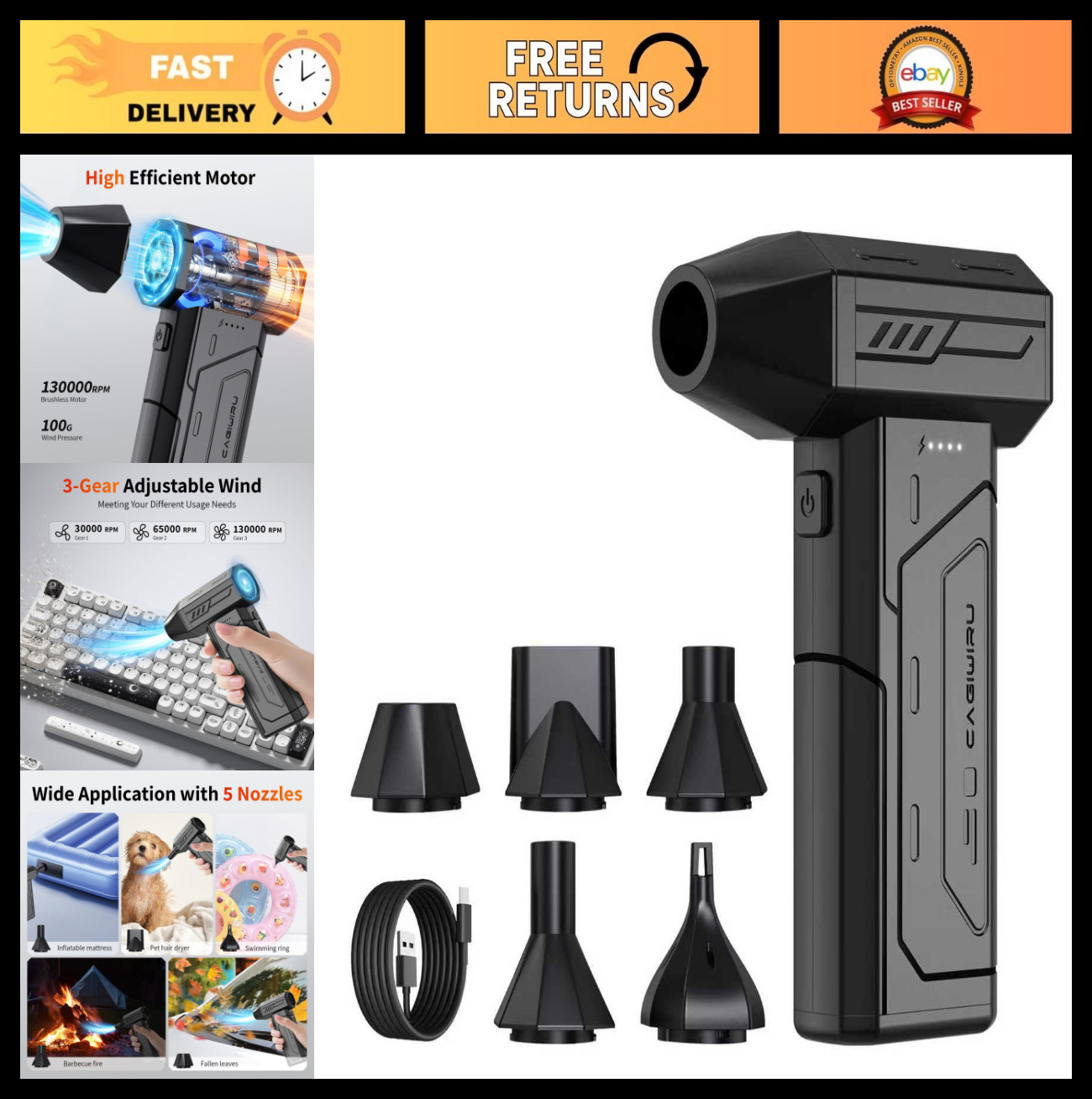 High-Power Cordless Compressed Air Duster, 130,000 RPM, Rechargeable Mini Blower