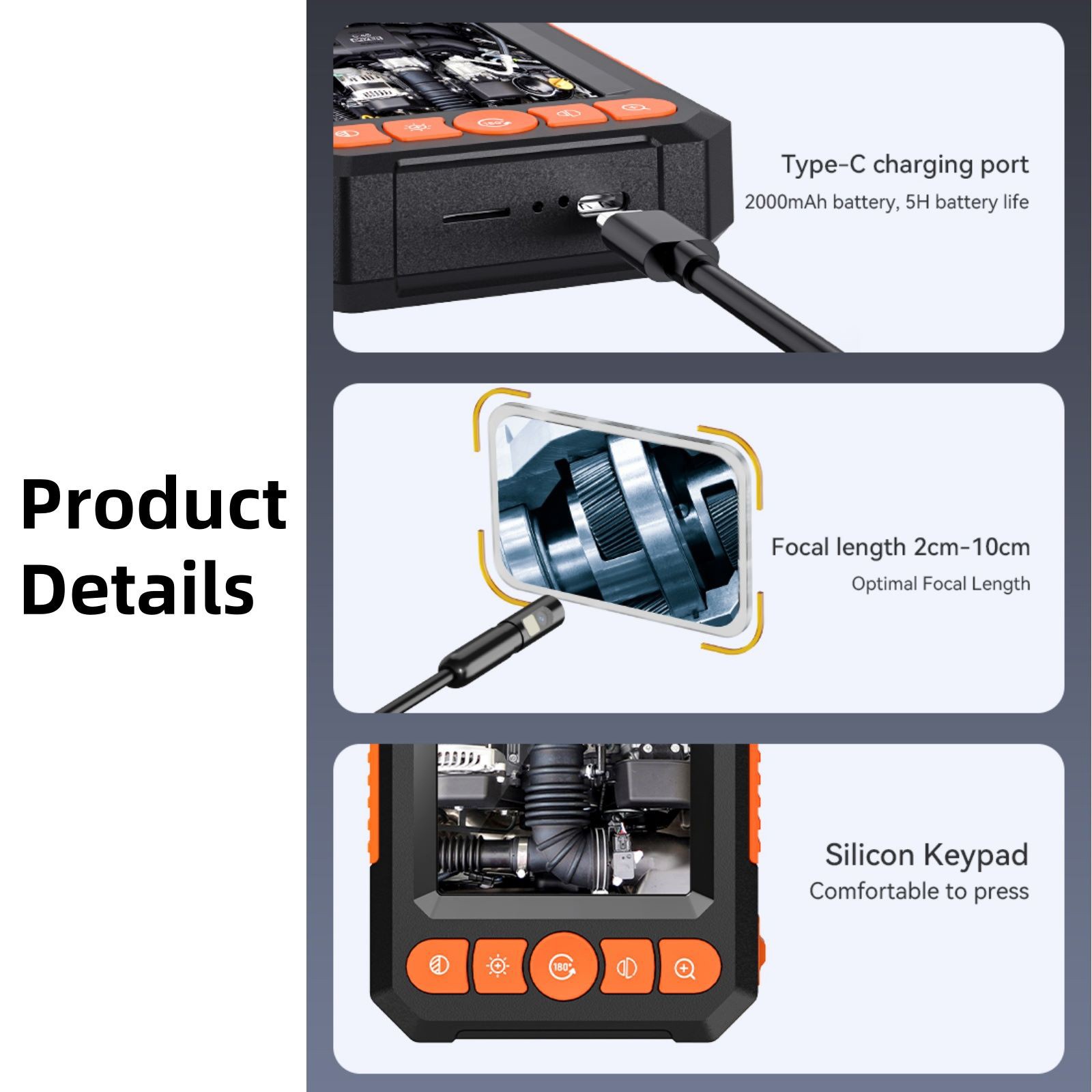 5M/16.4Ft Industrial Endoscope-1080P Resolution 4.3in Screen, IP67 Waterproof