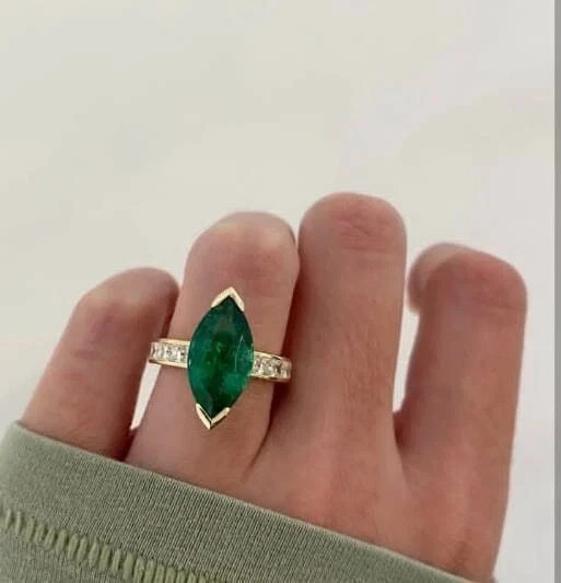 2.30 Ct Marquise Cut Natural Emerald & Diamond Wedding Ring 14K Yellow Gold