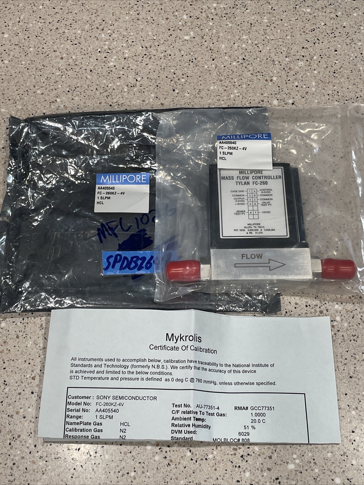 *NEW* Millipore / Tylan FC-260KZ-4V , 1 SLPM, HCL Mass Flow Controller FC260 SGT