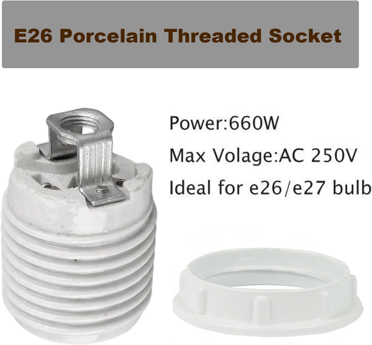 E26 Socket,Ceramic Medium Base Screw Socket E26 E27 Threaded Glazed Porcelain...