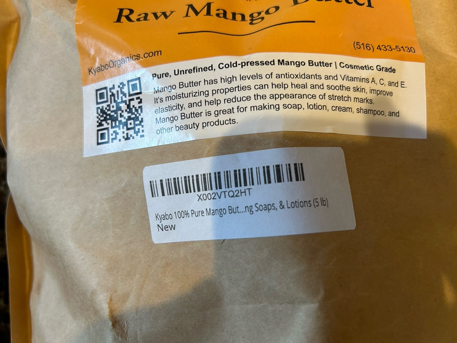 Kyabo 100% Pure Mango Butter, Organic Big 5 Lb. Bag Raw, Unrefined