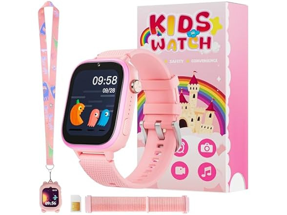 OKYUK 4G Smart Watch for Kids w/ SIM, Games, Camera, SOS Video PINK PURPLE  RED