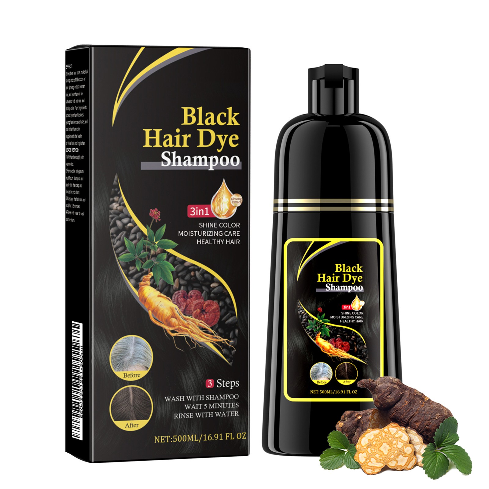3 in 1 Hair Dye Shampoo Black Brown Herbal Ingredient Instant 100% Grey Coverage
