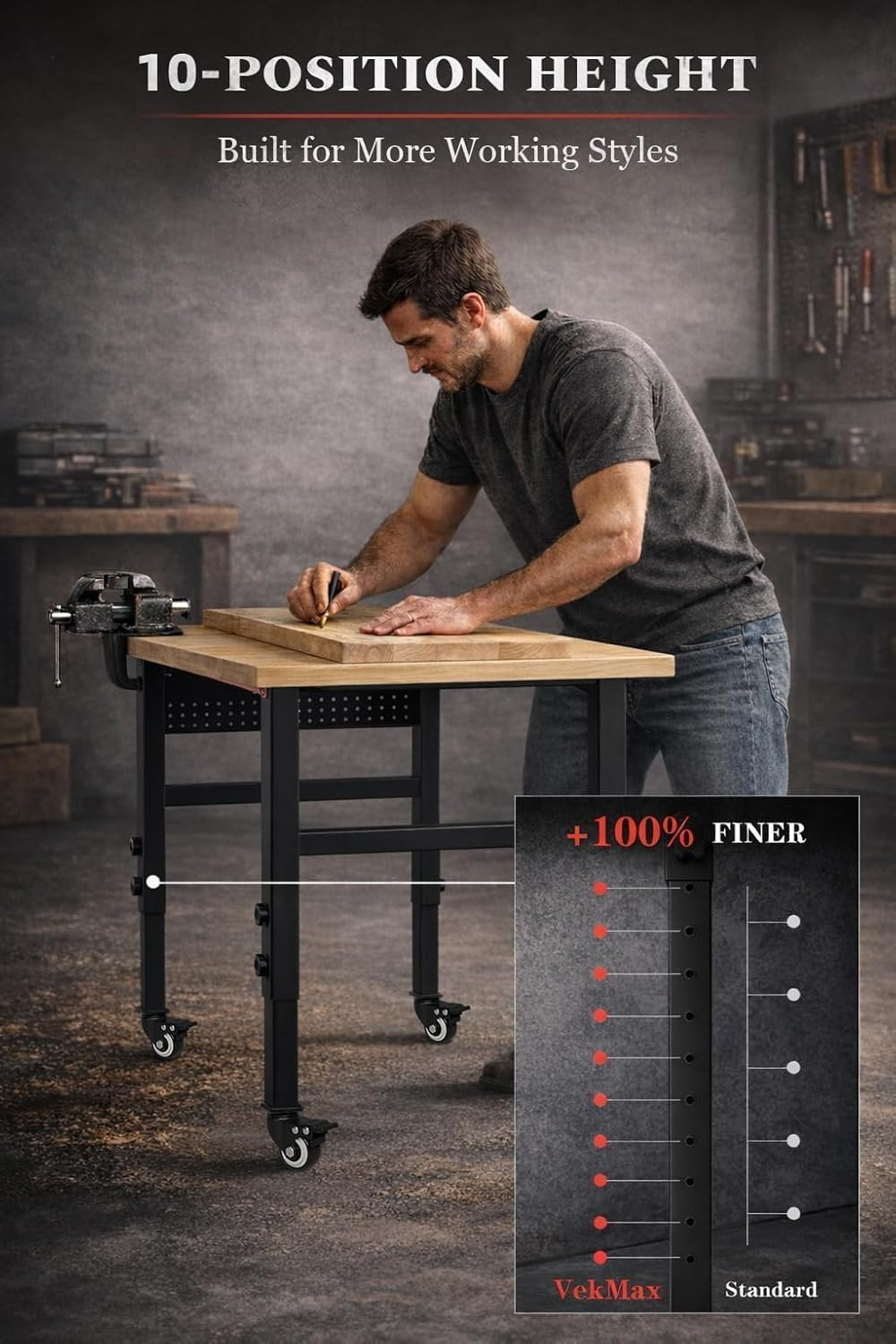 48" Workbench with Wheels, Adjustable Height Workbench with Power Strip & Pegboa