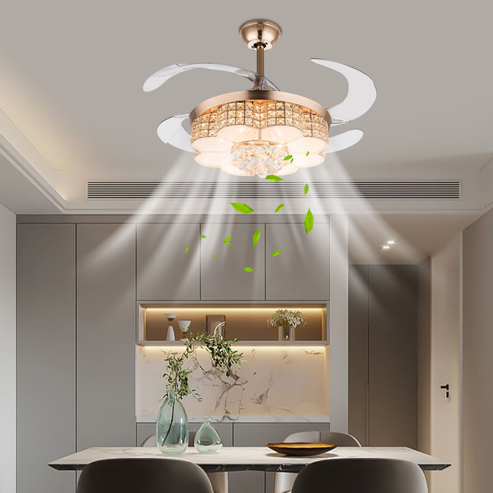 6-Speed Modern LED Ceiling Fan Light 42" Golden Chandelier Lamp w/Remote Control
