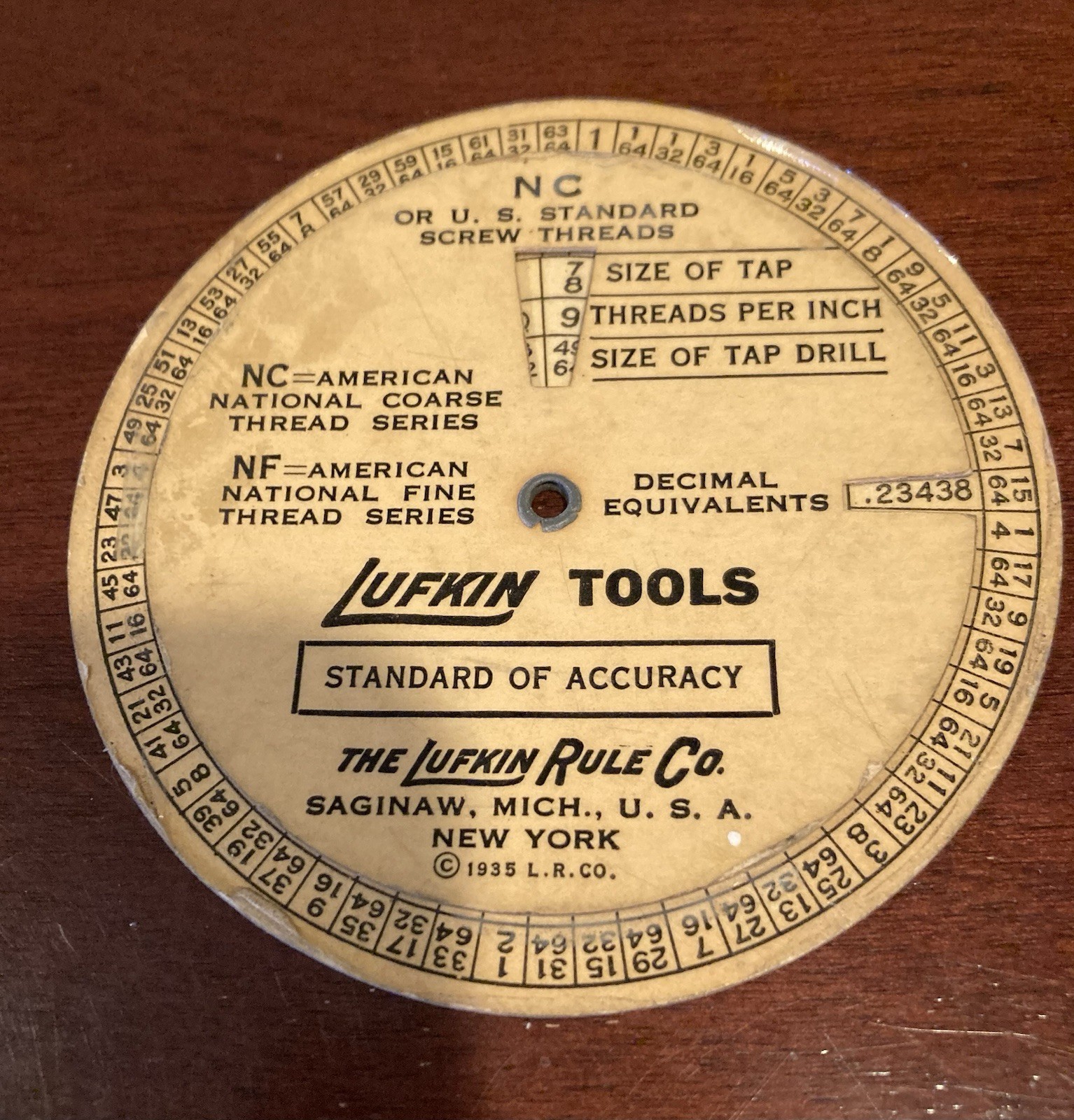 Vintage 1935 Lufkin Tools Wheel Chart Calculator Screw Threads Tap Drill Sizes