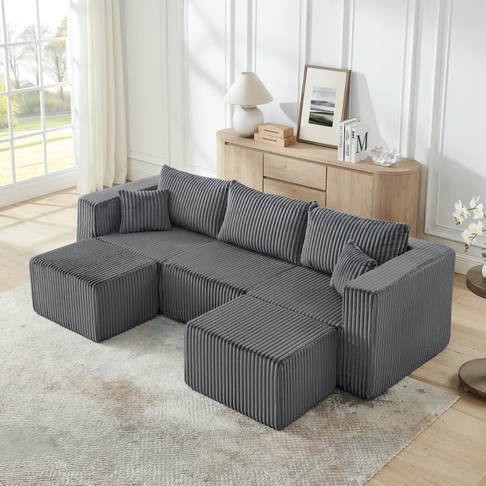 Minimalist Modular Sectional Sofa, Beige Corduroy, No Assembly, Free Ship