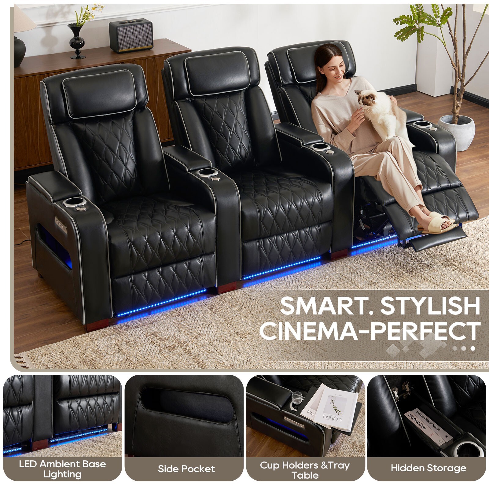 Home Theater Seating Power Recline Sofa With Powered Headrests, Table
