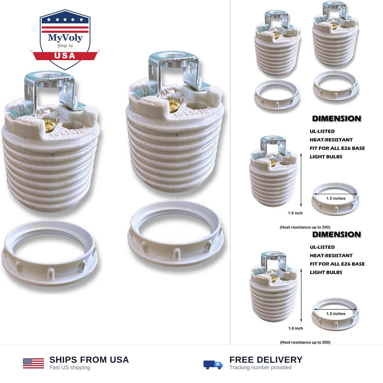 E26 Ceramic Threaded Light Socket with White Aluminum Shade Ring, UL Listed M...