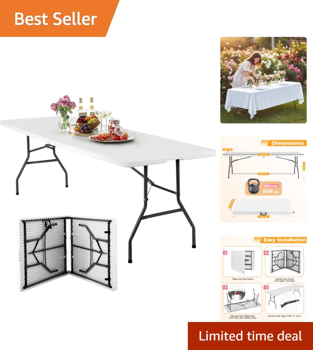 Multi-Purpose 8FT Folding Table for Parties & BBQ - Durable with Carry Handle