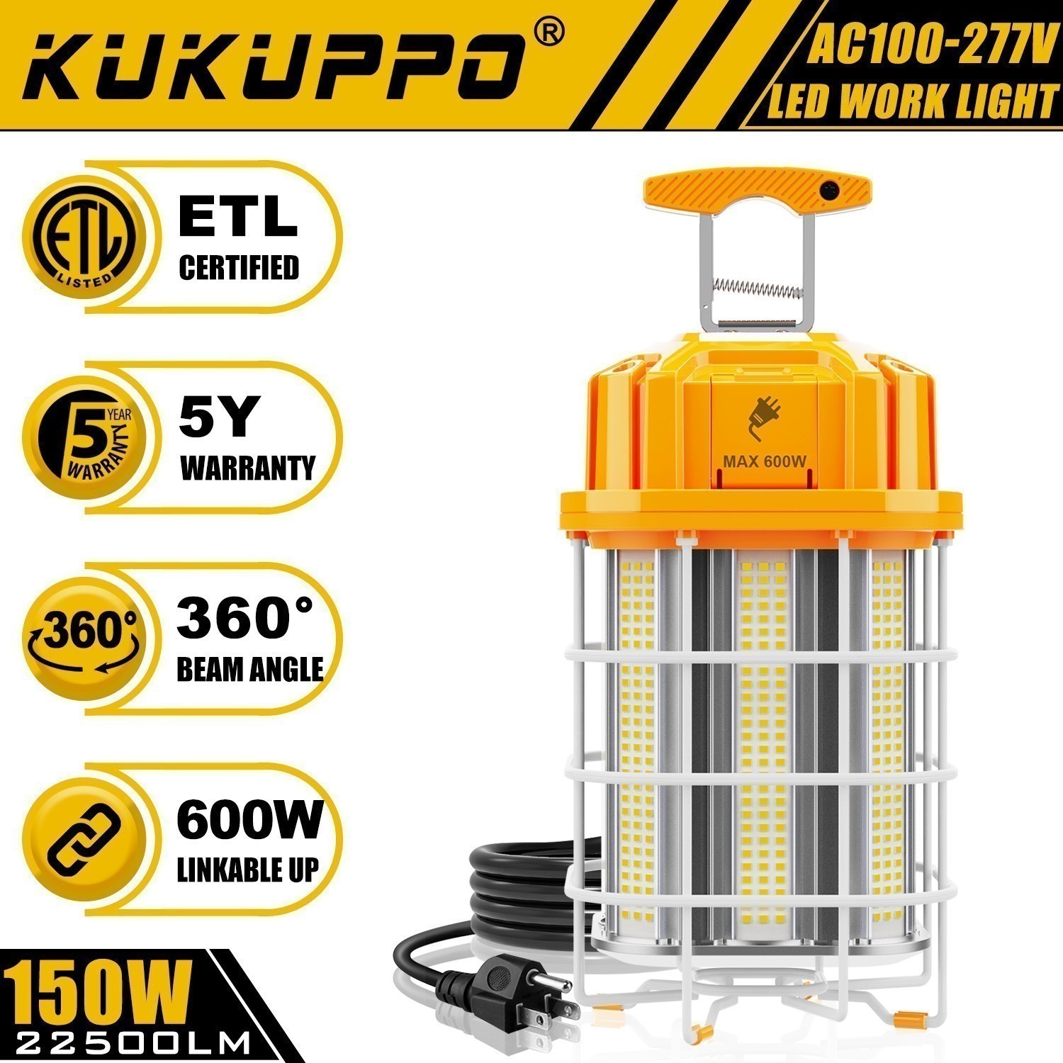 Linkable 150W LED Temporary Work Light - for Industrial Construction Jobsites