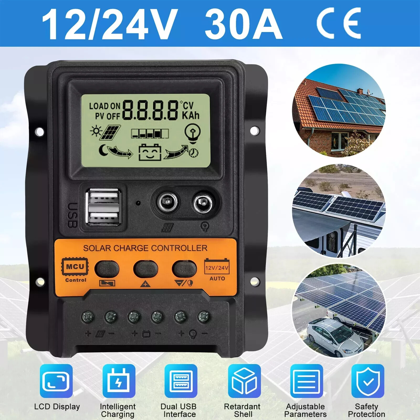 30A PWM Solar Panel Regulator Charge Controller 12/24V Auto Focus Tracking USB