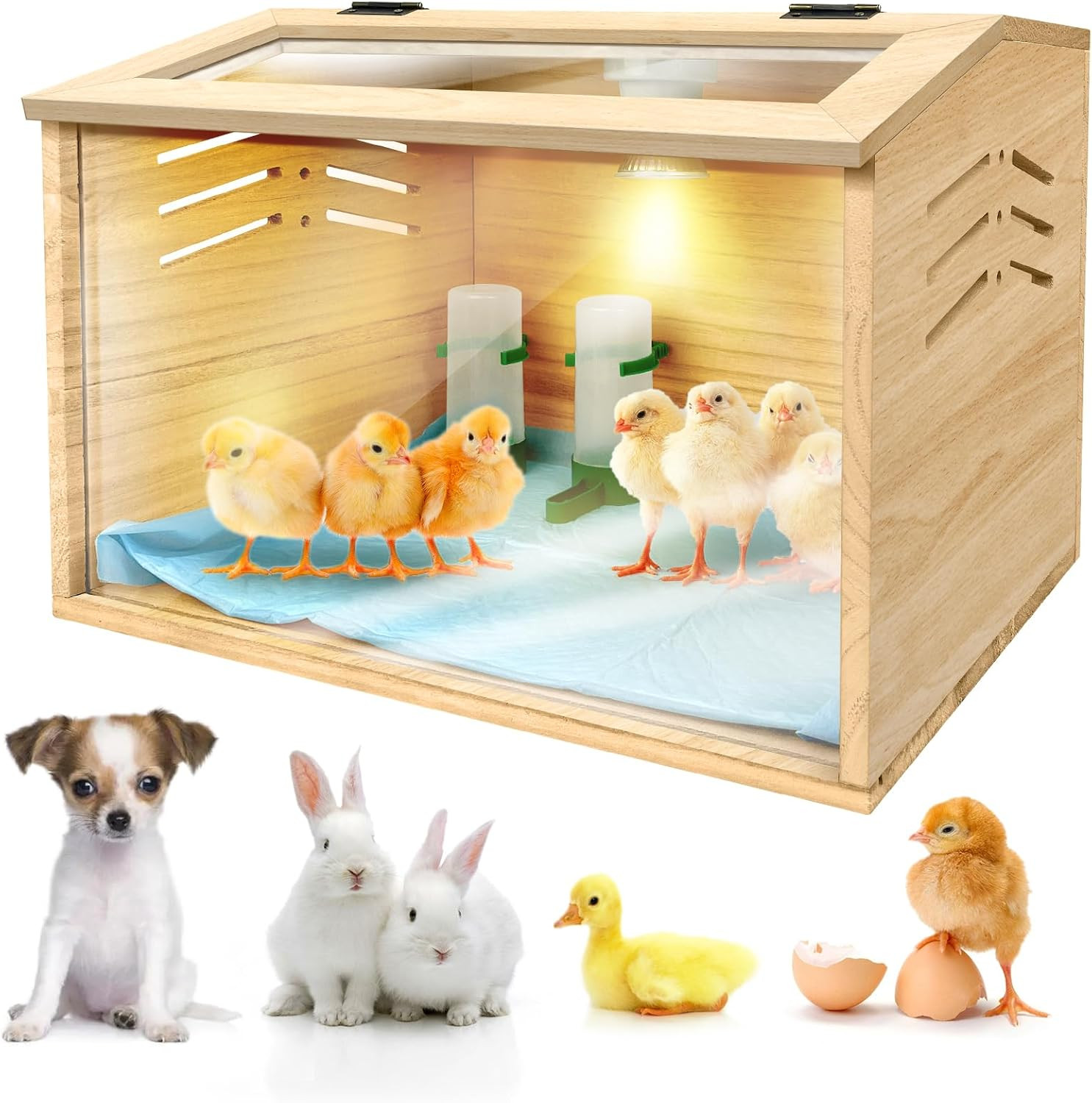 Chicken Brooder Box for Chicks & Quail with 3 Absorbent Pads, Feeder and Waterer