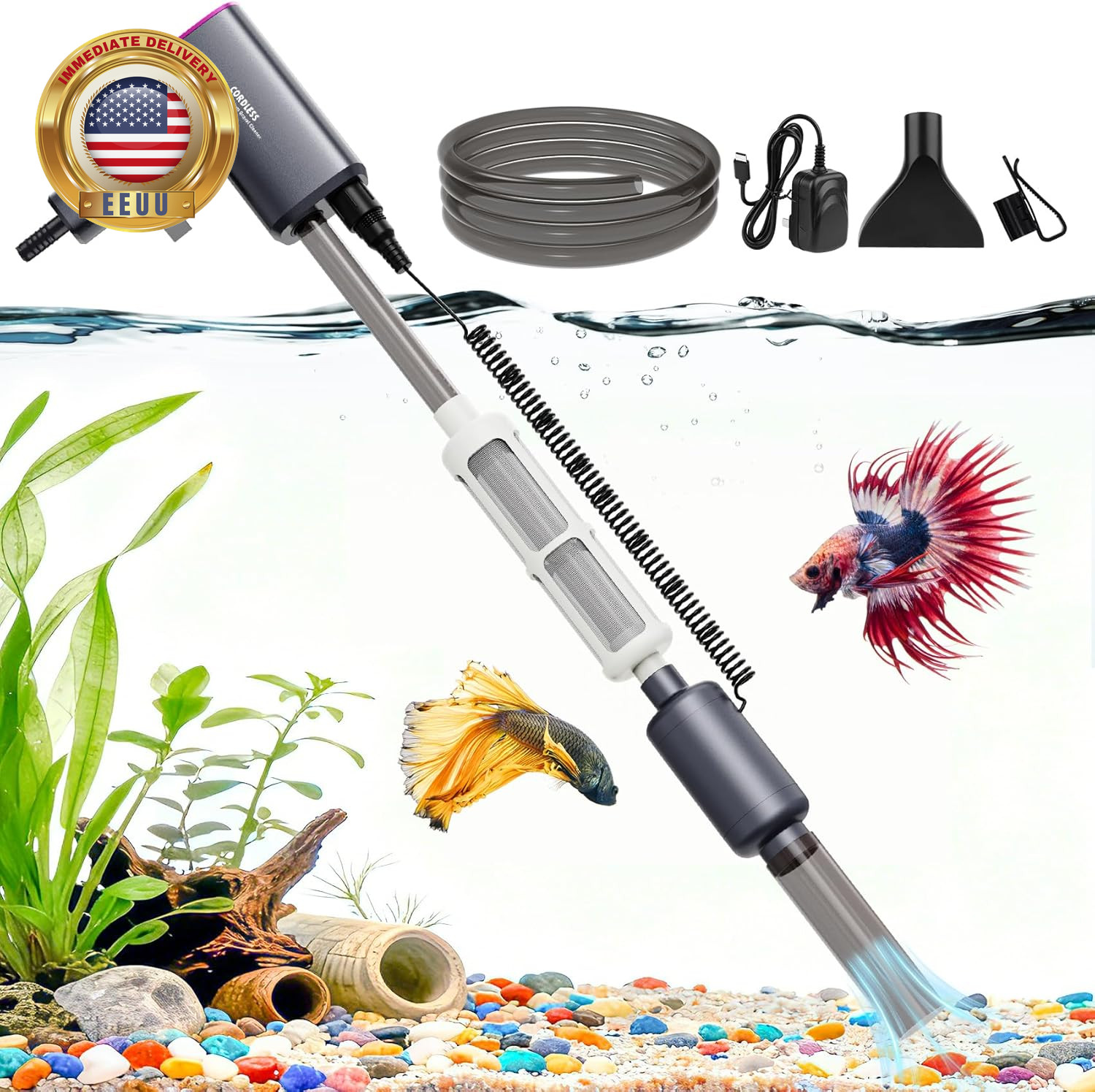 Electric Aquarium Vacuum Gravel Cleaner: Rechargeable Fish Tank Cleaner with 4 A
