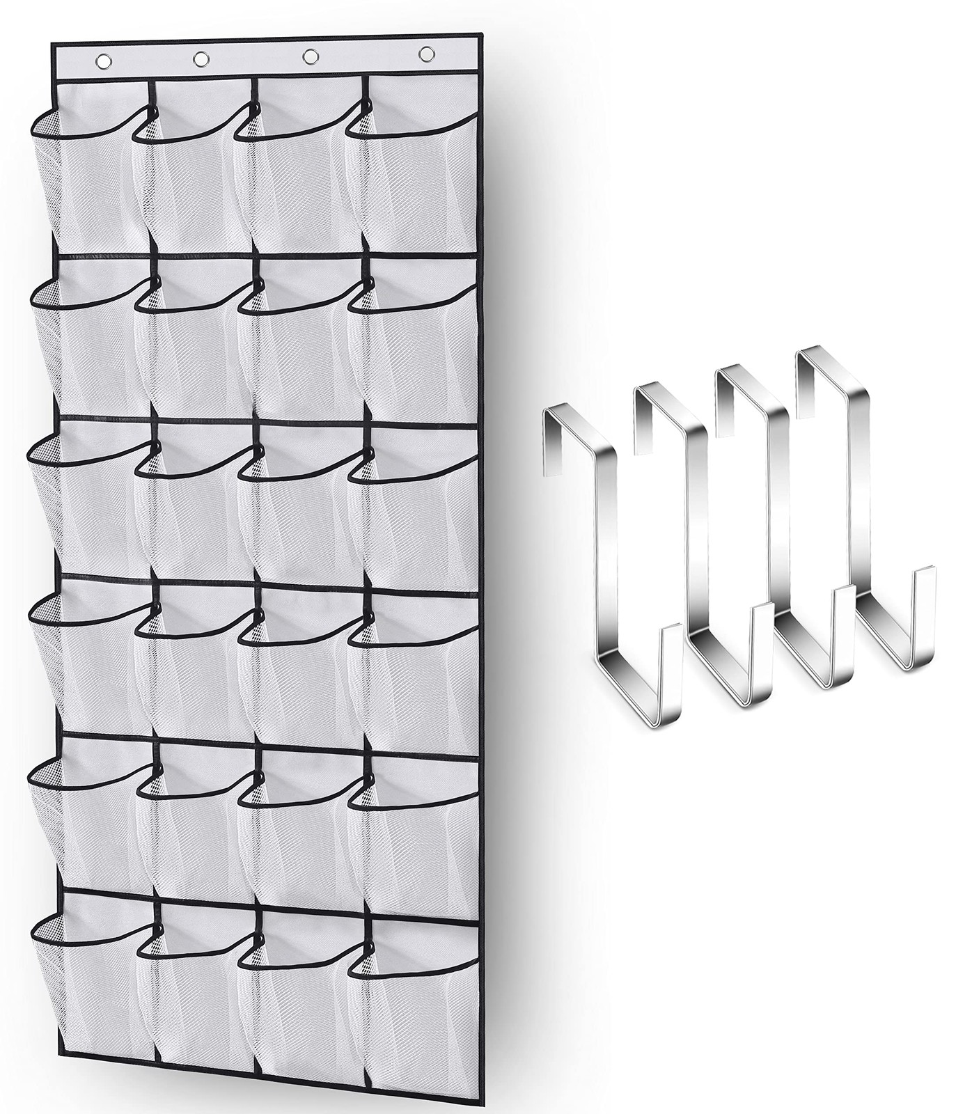 Over The Door Shoe Organizer 24 Large Mesh Pockets, White