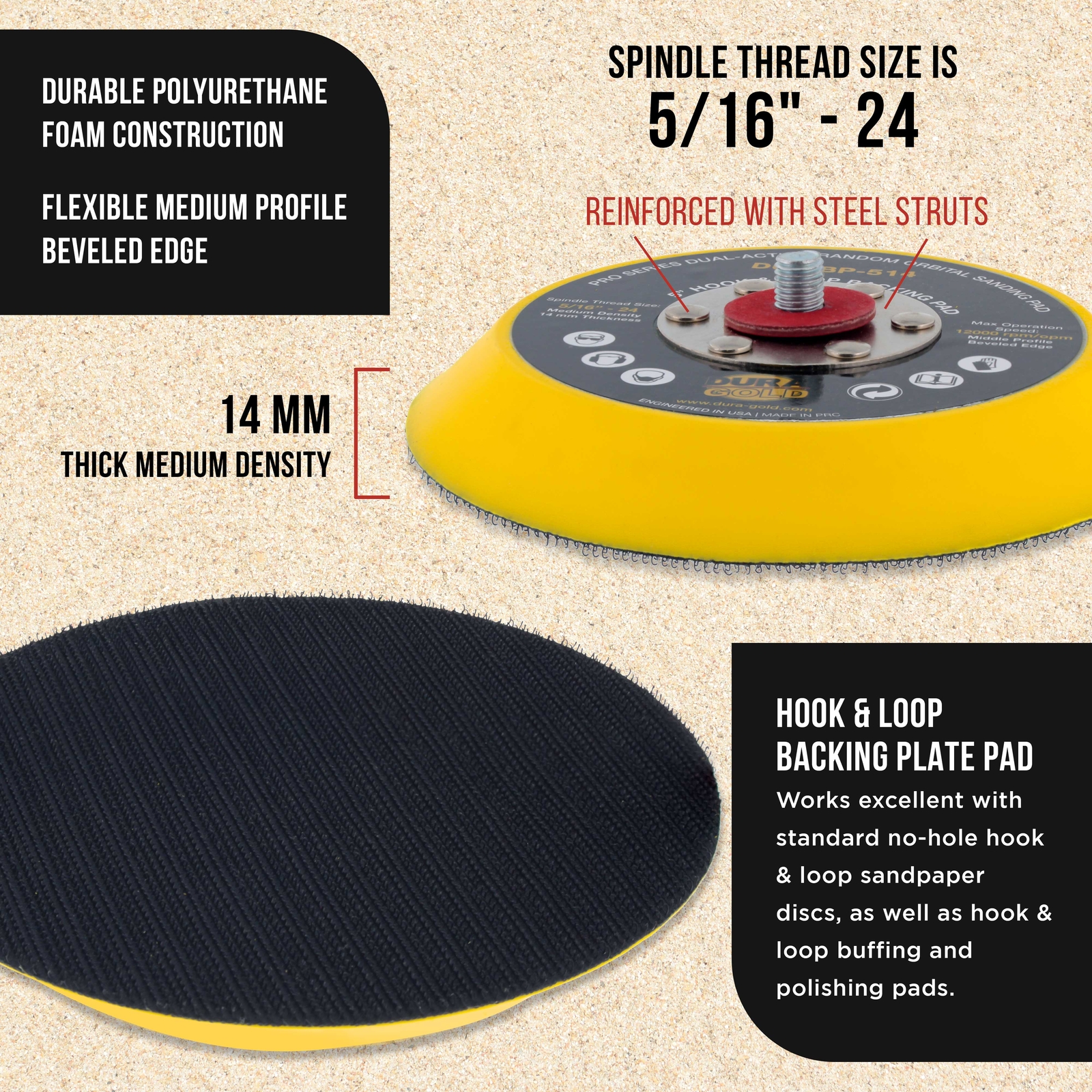 5" Hook & Loop DA Sander Backing Plate Pad, 14mm Medium Profile Edge, Sanding