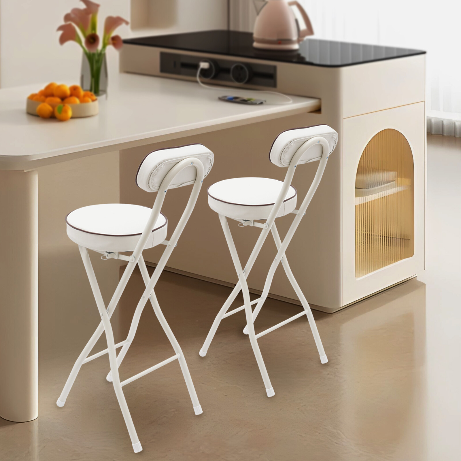 2PCS Bar Stool Portable Folding Stool Padded Folding High Chairs White