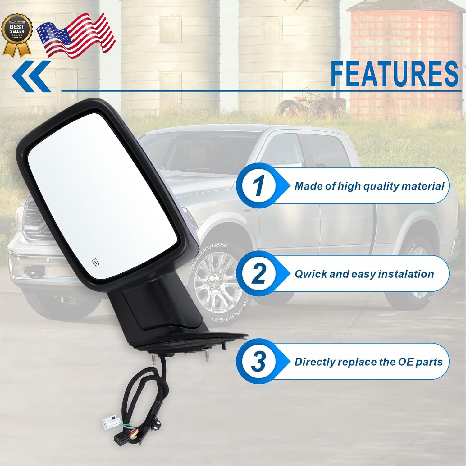 Left Driver Side Mirror Compatible with 2013-2018 Ram 1500 2500 3500 with Power
