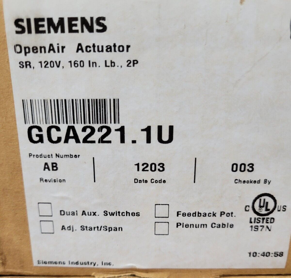 Siemens GCA221.1U Damper Actuator 120VAC 160 lb-in Torque Spring Return NEMA 2