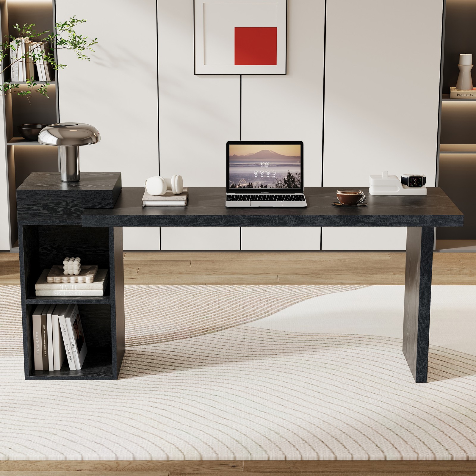 Modern Black Wood Grain Sofa Side Table - MDF Multipurpose Entryway Console Tab