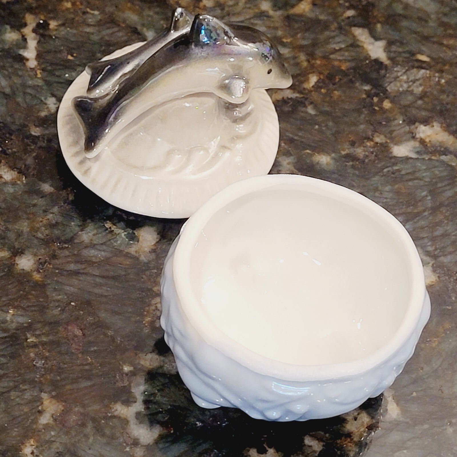 Ceramic Whimiscal Double Dolphins Lidded Trinket Box