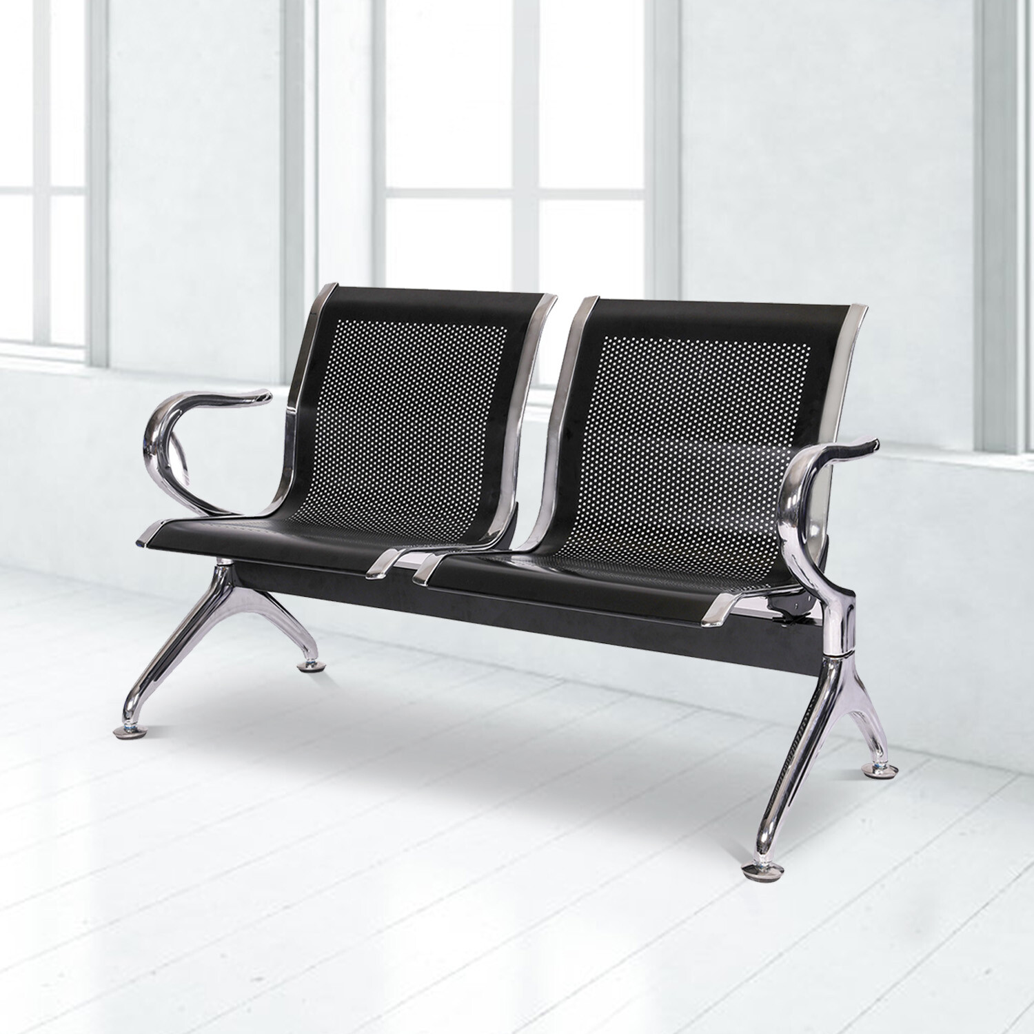 2-Seat Airport Waiting Chair Clinic Bench Office Reception Room Salon Black