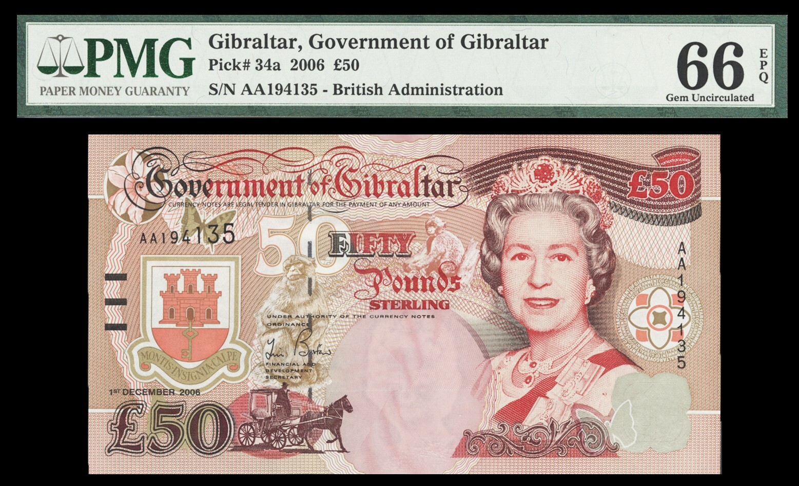 Gibraltar, Government of Gibraltar P34a PMG Graded 66 Gem Uncirculated Banknote.