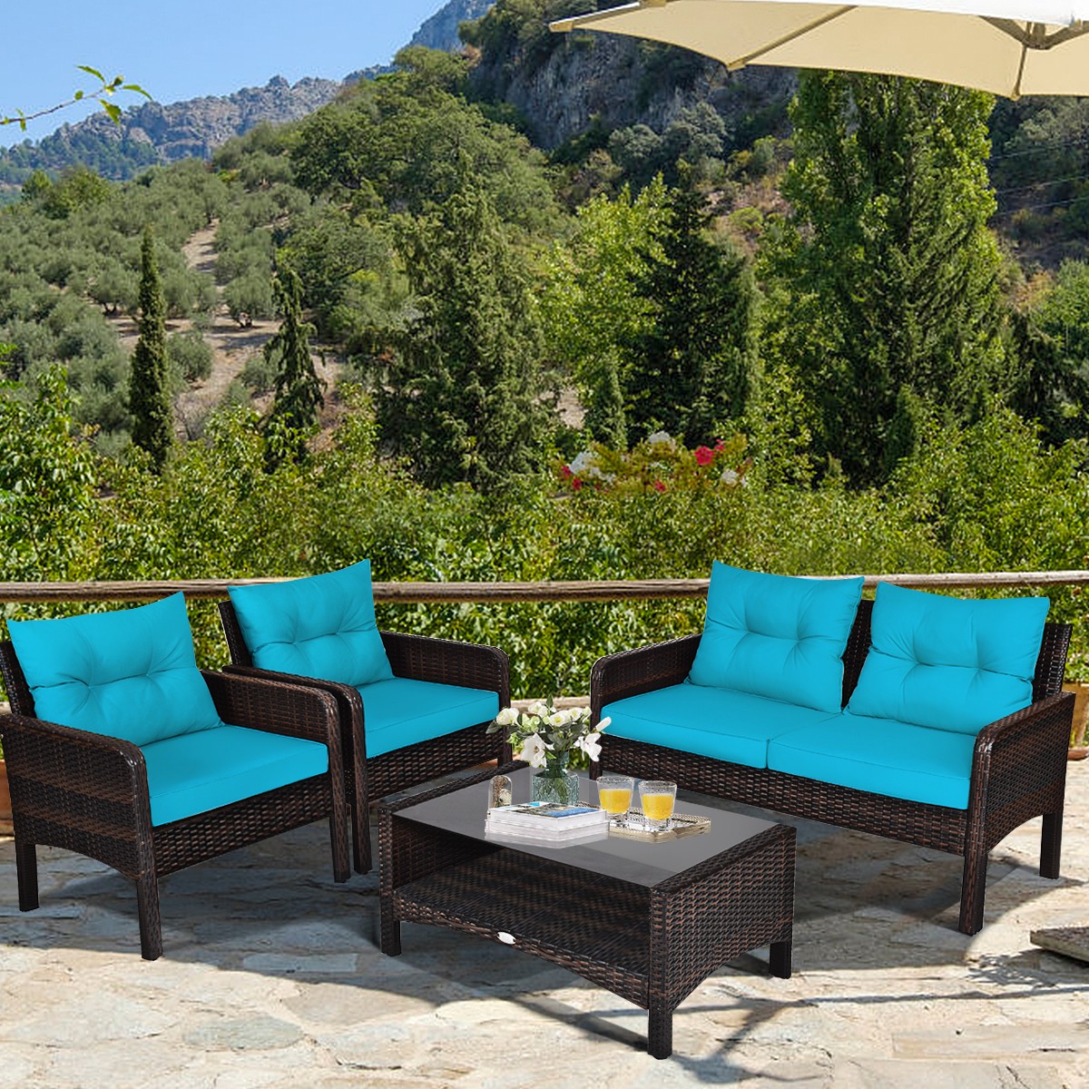 8PCS Patio Rattan Furniture Set Loveseat Sofa Coffee Table W/Turquoise Cushion