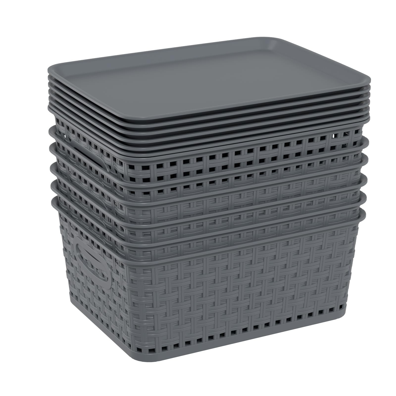 6 PCS Gray Weave Lidded Storage Baskets Matching DustProof Lids Stackable Bin