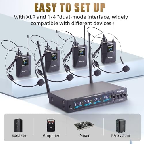 Wireless Microphones System with UHF Headset/Lavalier Lapel Mics, 4 Bodypack