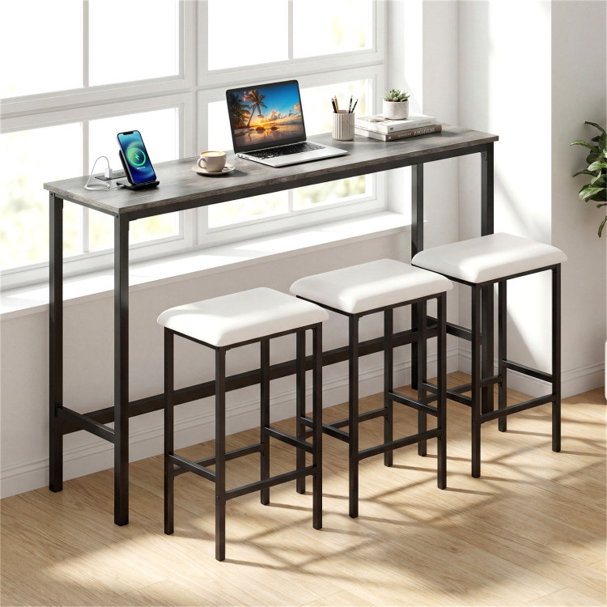 4 Piece Counter Height Bar Table Set with USB Ports Gray Pub Table with 3 Stools
