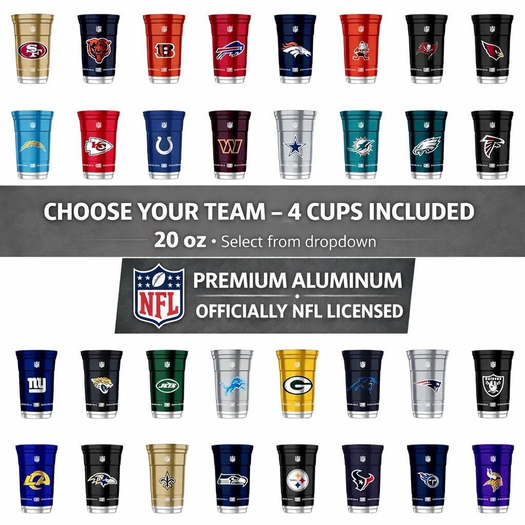 NFL Aluminum Cups 20 oz 4 Pack Choose Your Team Reusable Licensed Made in USA