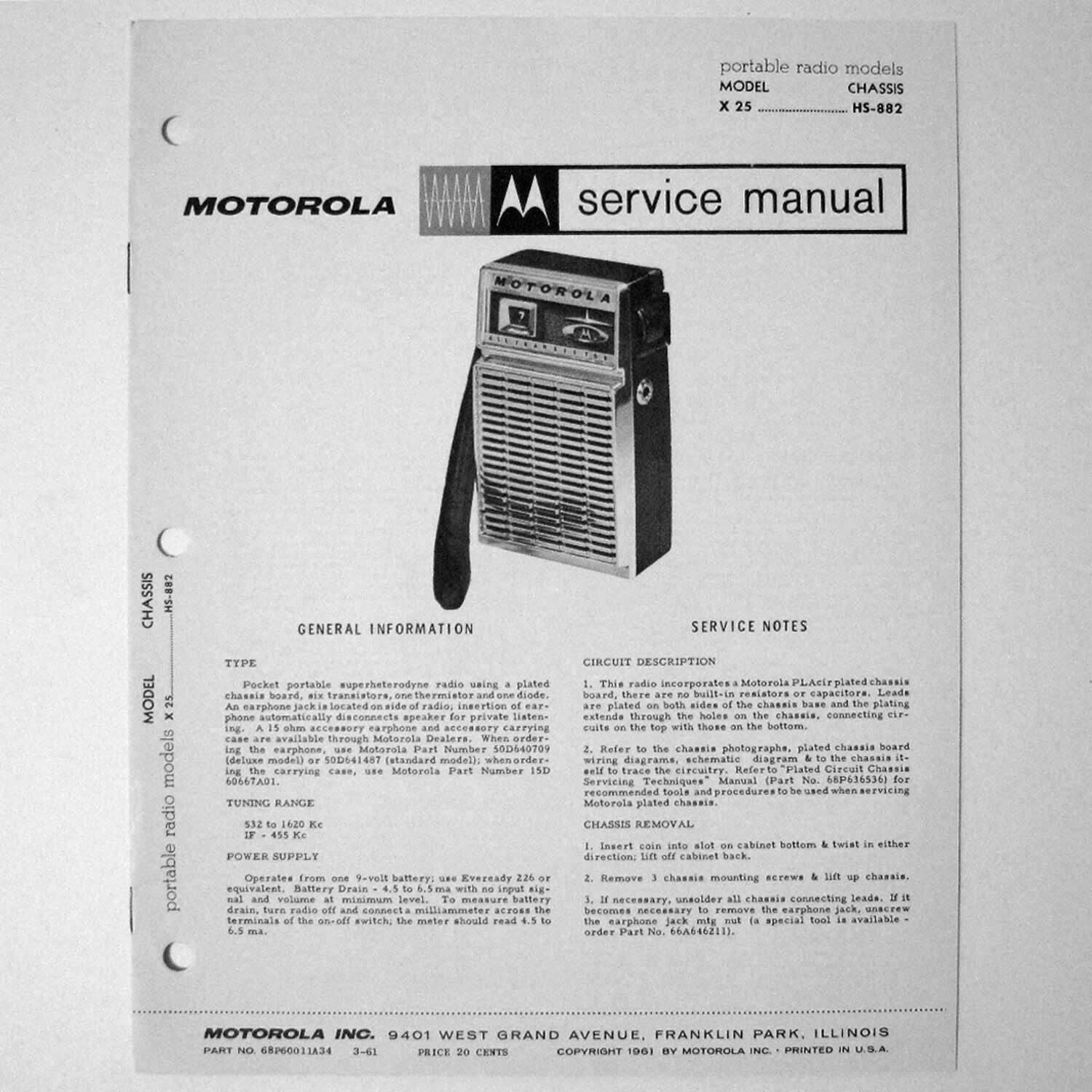 Motorola ® Model X25 Portable Transistor Radio Service Manual © 1961