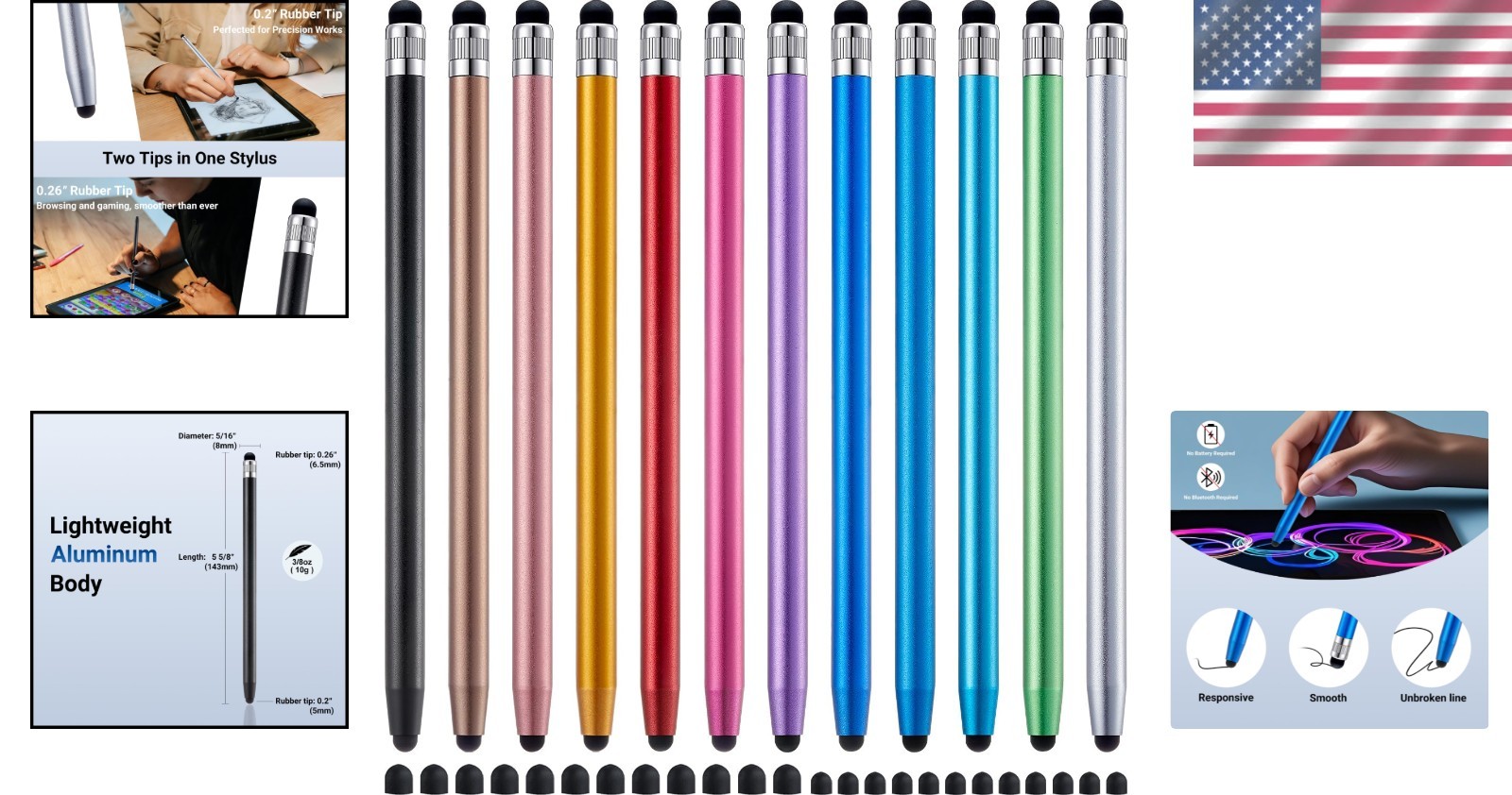 12-Pcs 2-in-1 High Precision Stylus Pen Set for iPad/iPhone/Android Devices