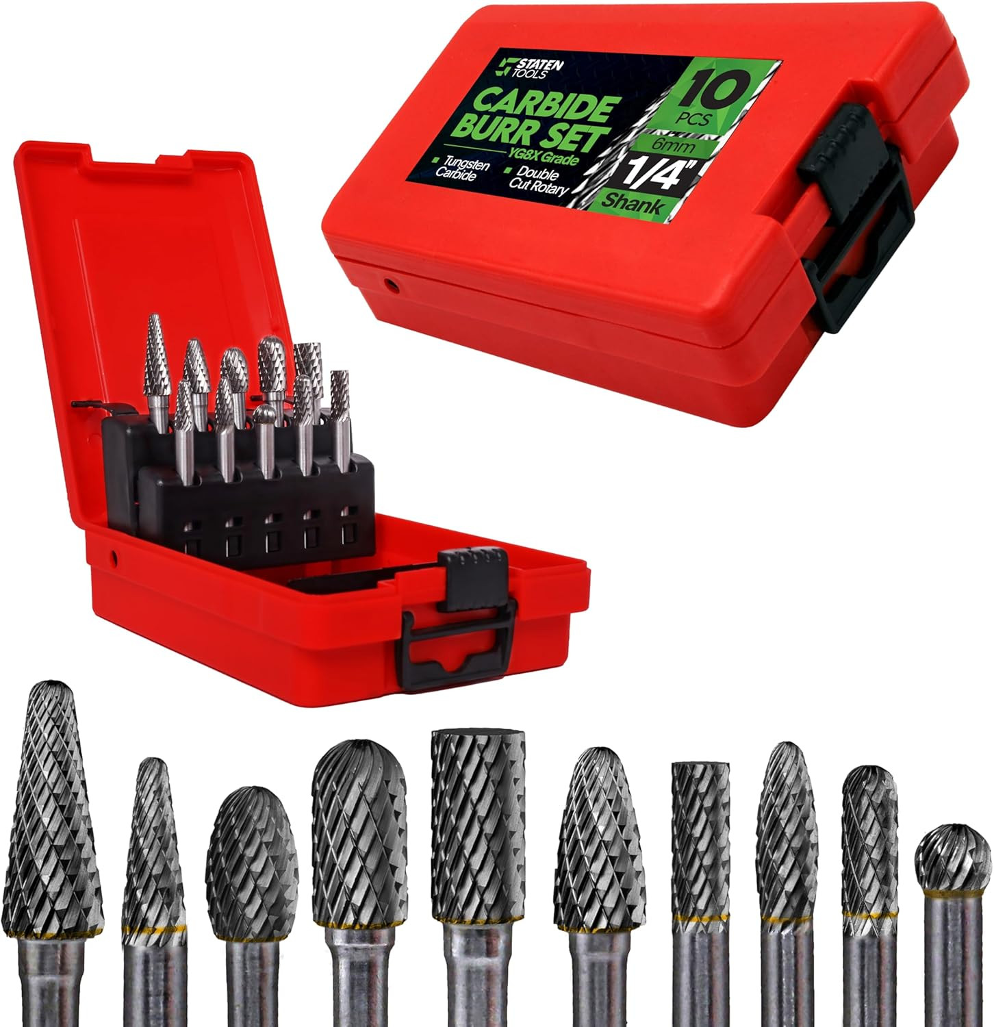 Carbide Burr Set 1/4" Shank – 10 Pcs Double Cut Die Grinder Bits for Milling, Ca