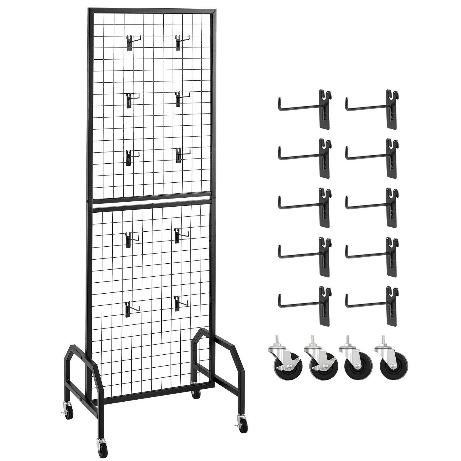 Floor-Standing Grid Panel 1.9x5.4ft, Black Steel Display Rack w/ 10 Hooks