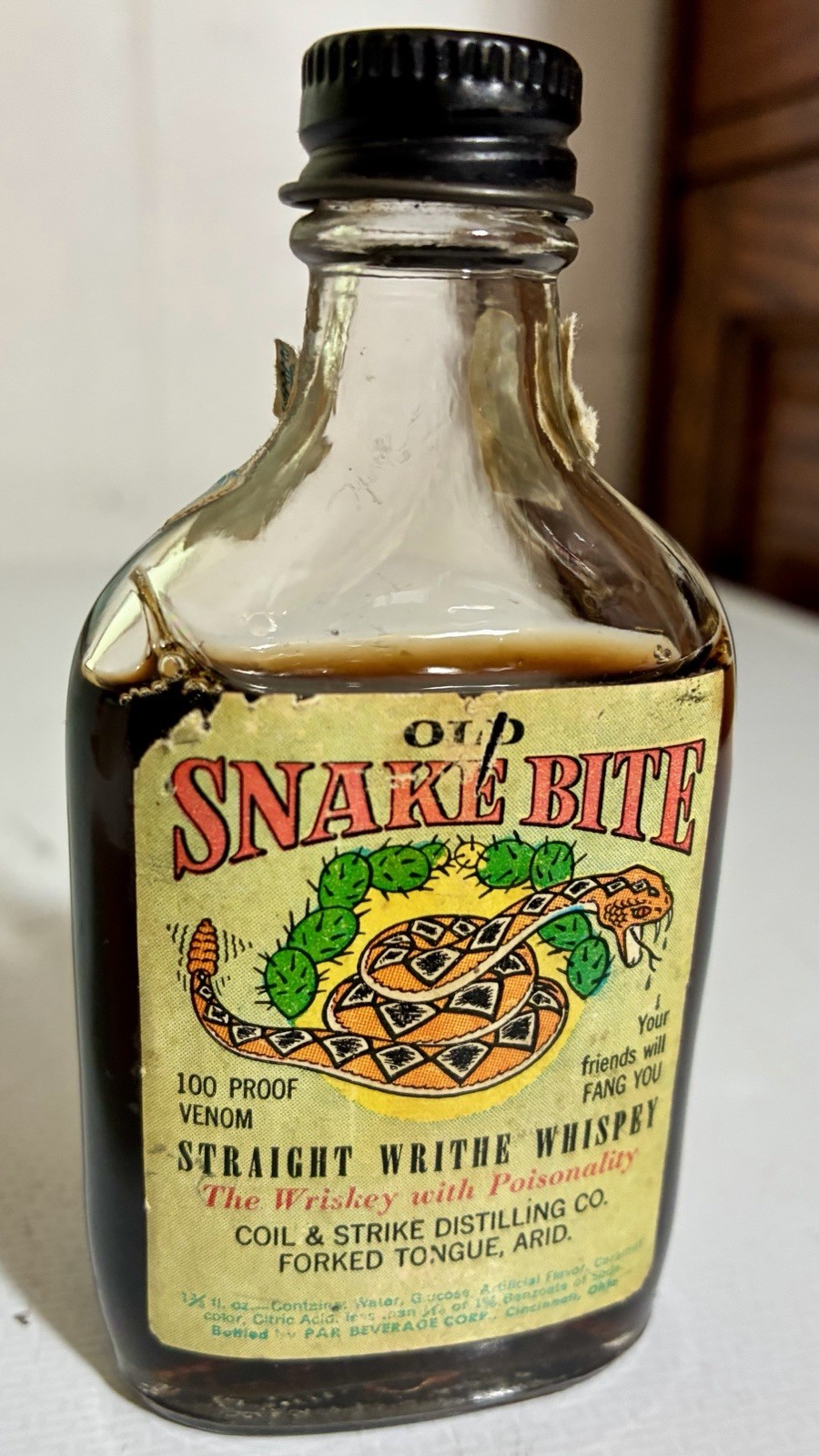 Old Snake Bite Venom Vintage Liquor Bottle Straight Writhe Whispey Glass