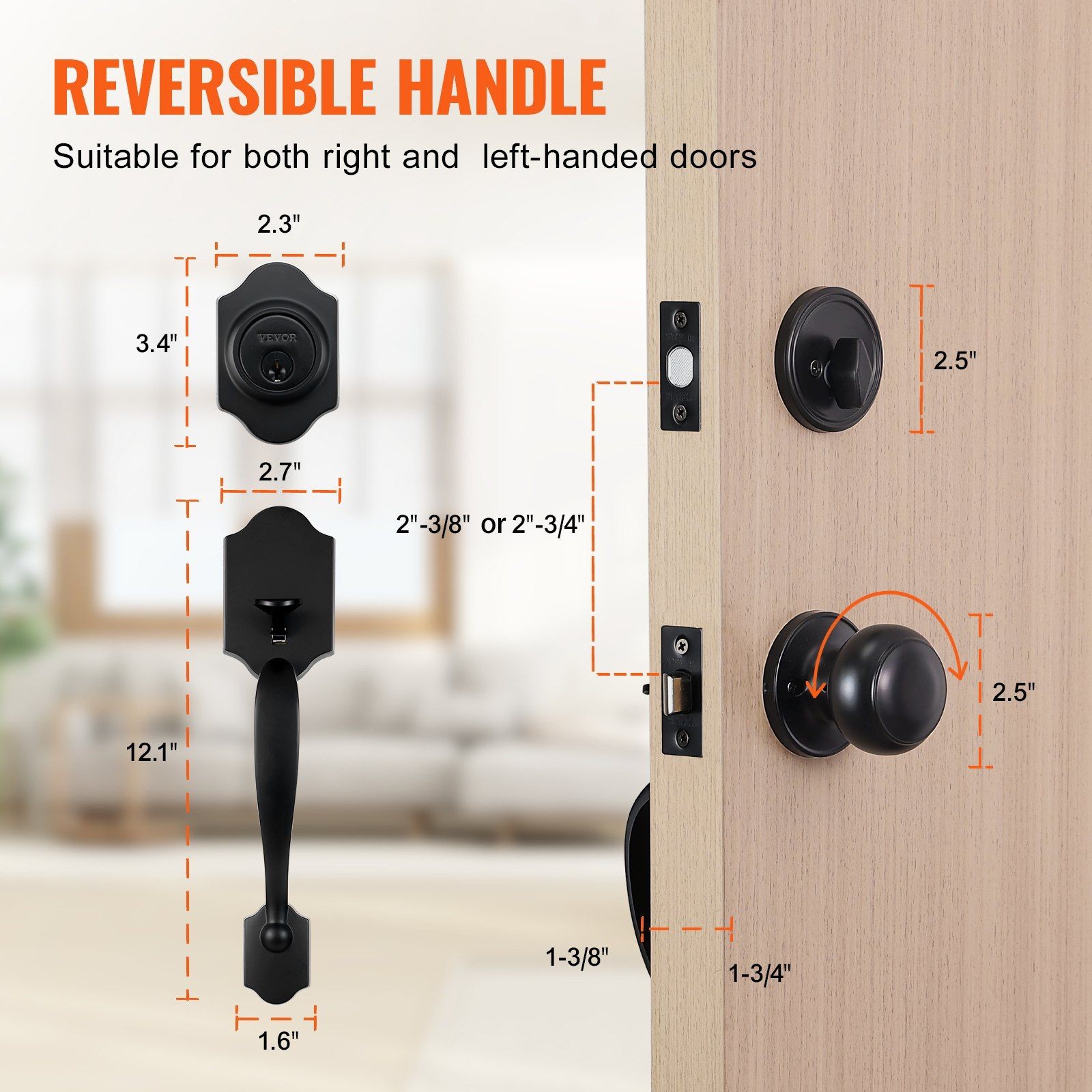 Secure Entry Handleset 7-11/16-8-13/16in Adjustable Matte Black Coating