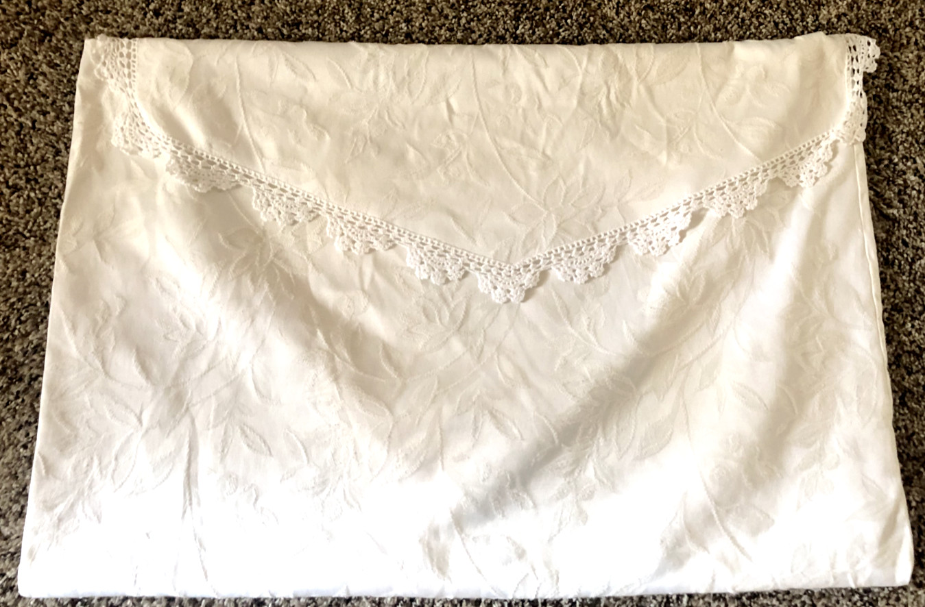 Vtg White Jacquard CROCHET EDGE Point Envelope PILLOW SHAM Case Standard Double