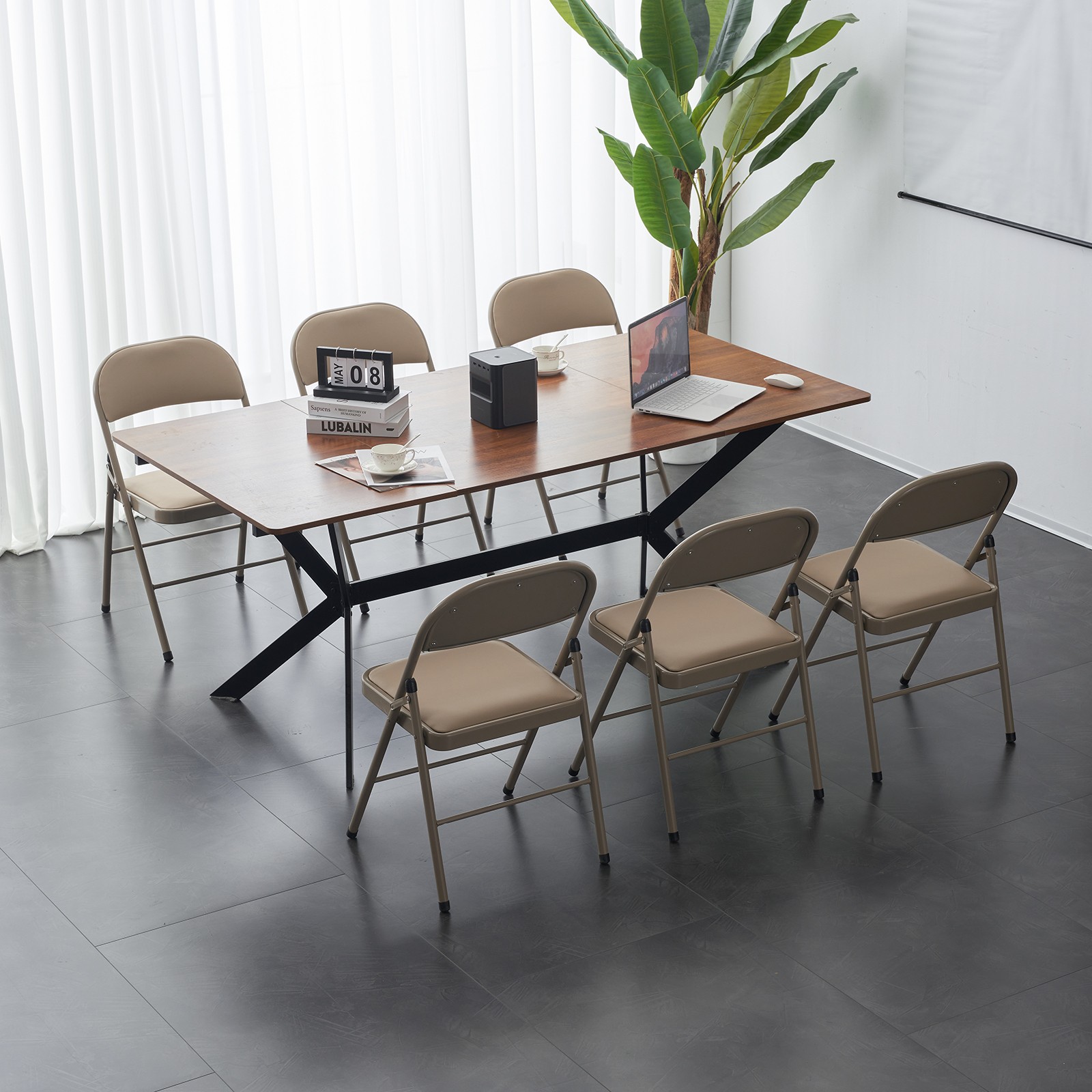 4pcs Elegant Foldable Iron & PVC Chairs for Convention & Exhibition Light Brown