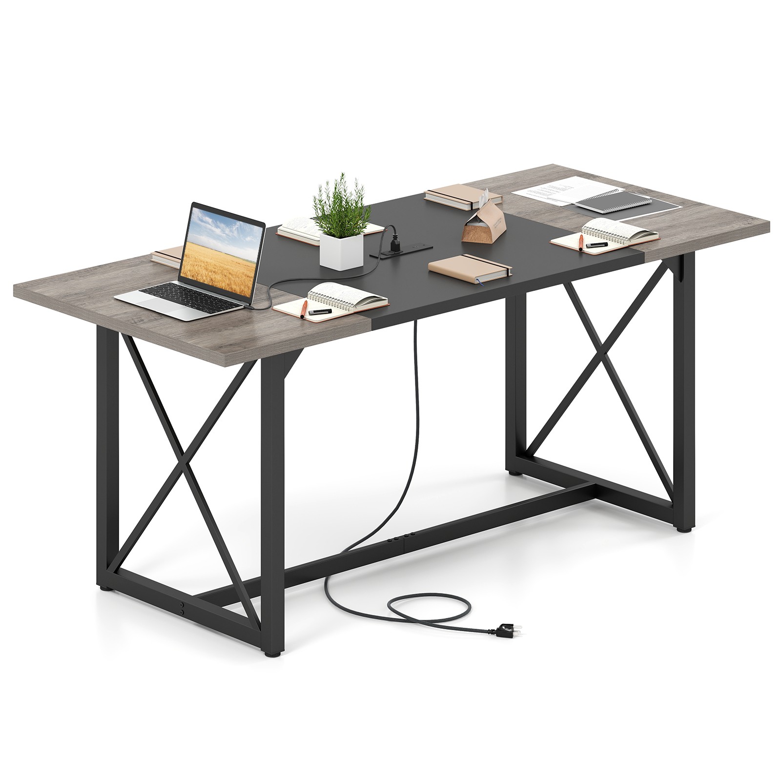 6FT Conference Table w/ Power Outlets Thickened Top & Heavy-duty Metal Frame