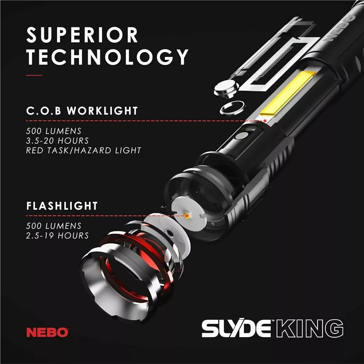 NEBO Slyde King Flashlight, Rechargeable LED Flashlight and Work Light, Bright