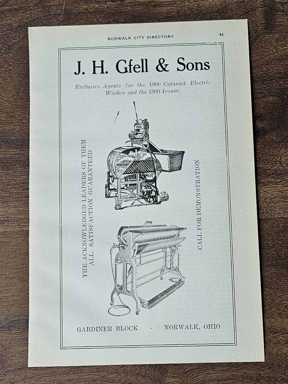 Antique Gfell & Sons Washer Ironer Home Machines Advertising 1922 Norwalk Ohio