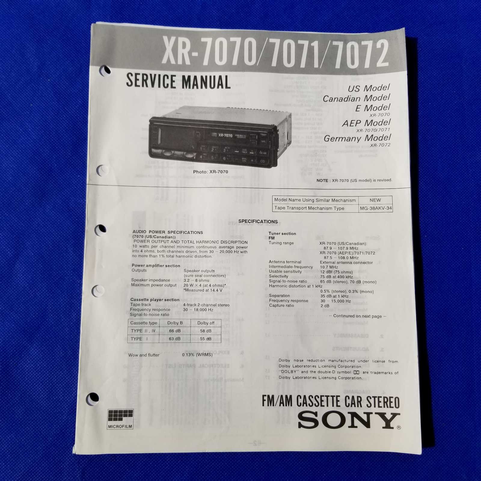SONY XR-7070 XR-7071 XR-7072 Service Manual Original Paper OEM Repair Guide - US